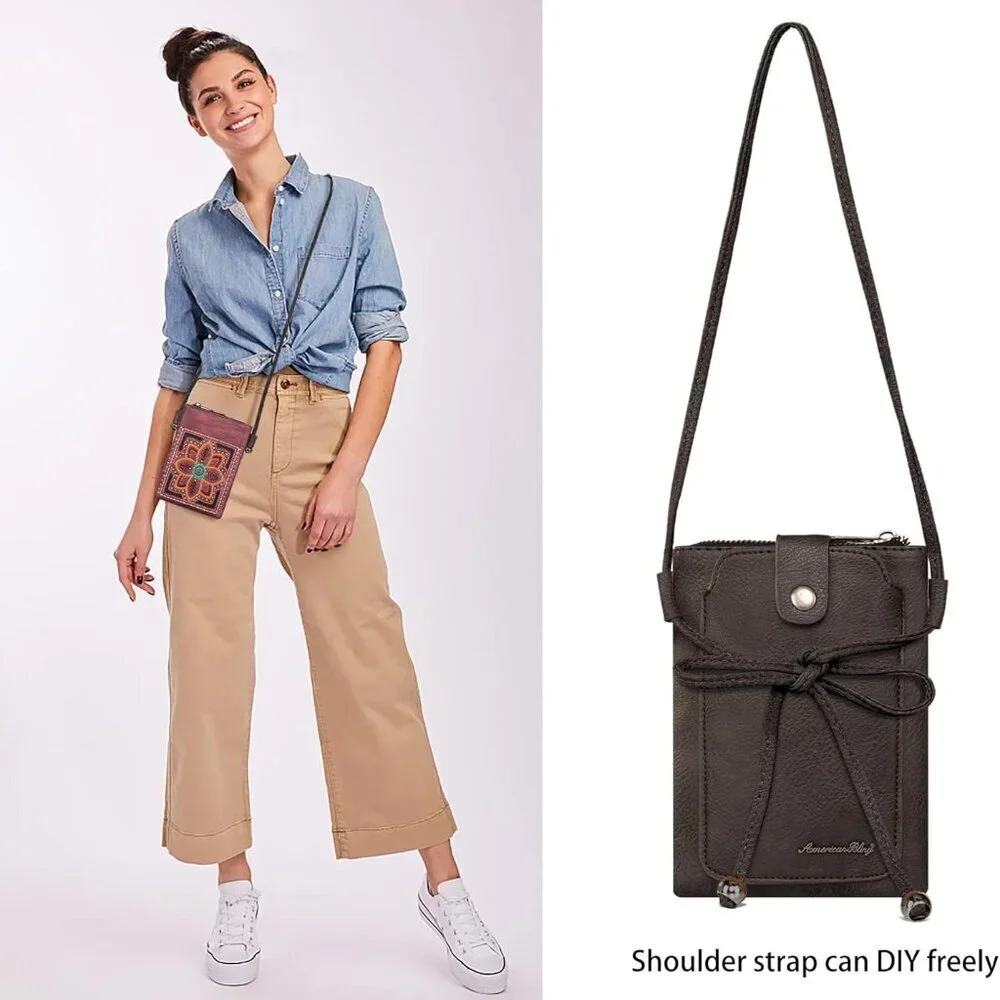 Small Western Vegan Leather Crossbody Phone Bag with Fringe Silver Studs